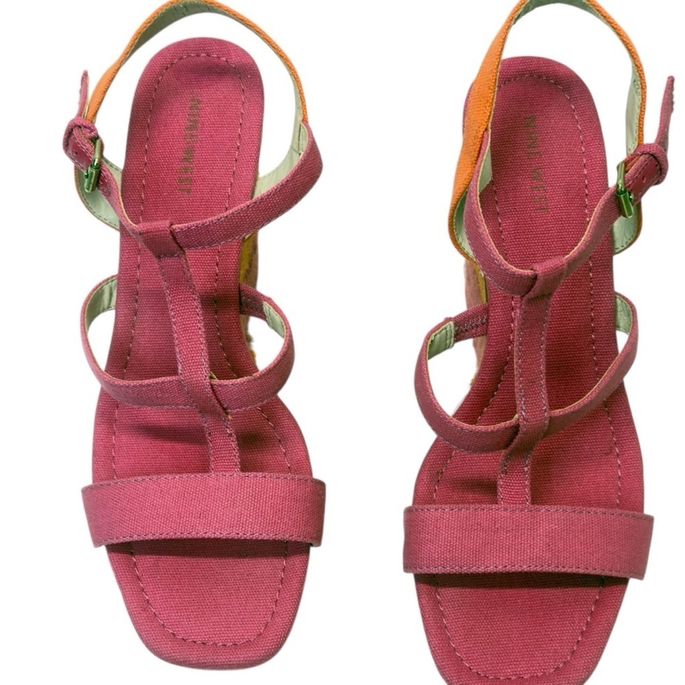 Nine West Pink and Orange Wedge Sandals with Braided Heel - Picture 2 of 12